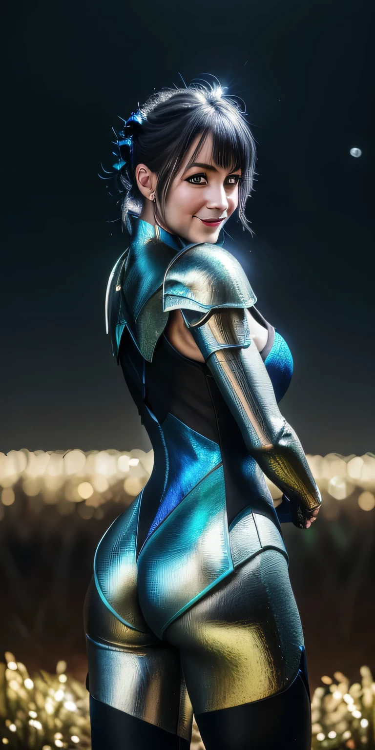 (RAW Photos, Realistic, photoRealistic), German Fairy, one person\(change\) and (((metallic)) Iris Blue Dragon, German girl, bread, glaring dark gRay background, dragon bread, slim, Fairy style, Cinema Lighting, Accent lighting, Strong Rim Light, dramatic_Shadow, Ray_ trace, 8k, High resolution, (sexly, Leotard armor), Dynamic poses and grace、masterpiece, 最high quality, high quality, High resolution, 超巨乳sexly、With a smile, black eye、at night forest、((View from behind))