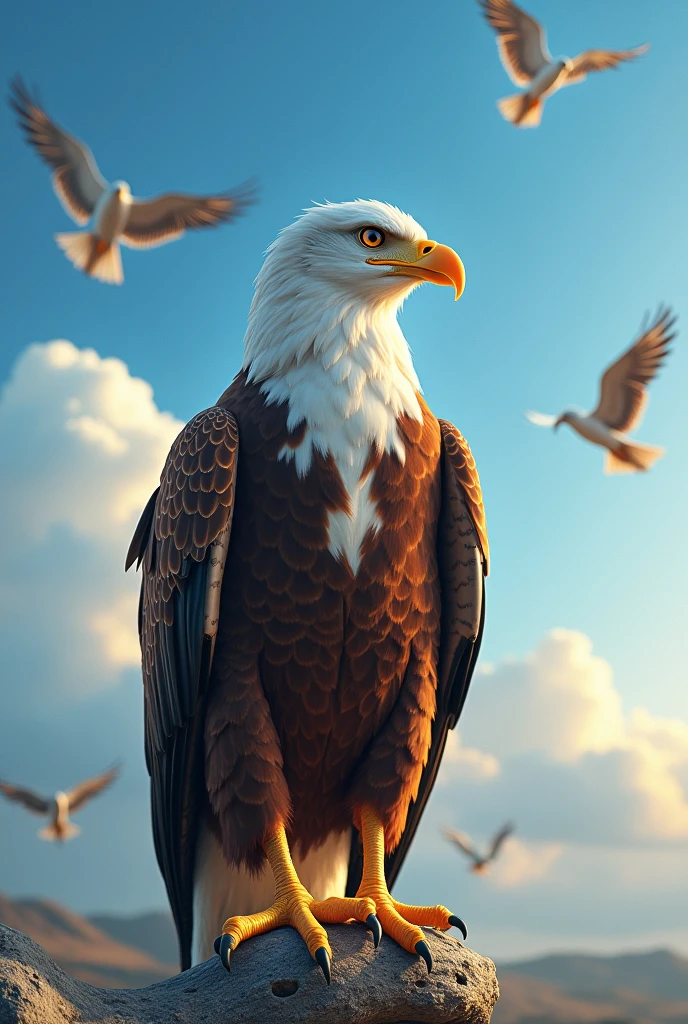 Generate a beautiful blue sky with birds flying and an ultra realistic 8k full hd eagle standing out with the sunlight overhead 