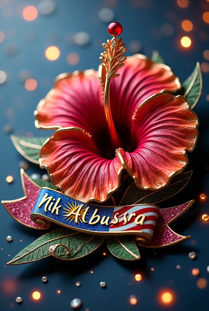 Brooch hibiscus with malaysia flag as the pattern and NIK ALBUSRA inside ribbon under it with glowing diamonds scatterd around