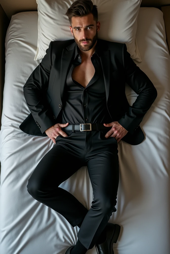 Top view of full body image of Handsome hot very muscular light bearded turkish gym hunk stud wearing tight black wedding suit and tight black shirt and black jeans and black shoes with black socks is lying on bed