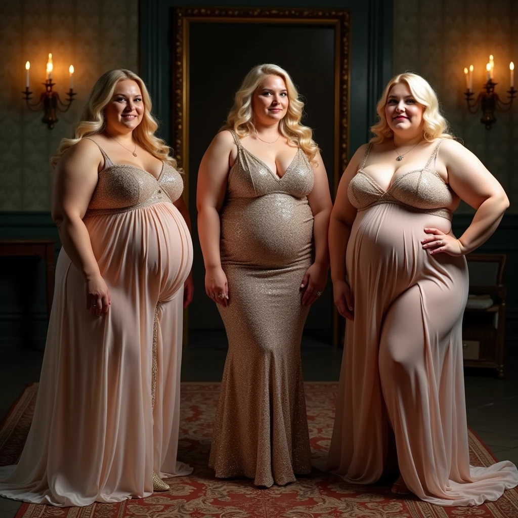 Three plus size model women have a lot of fat on their stomachs and buttocks and weigh 150kg, they gained weight by eating too much, they are blonde haired obese women with very big stomachs and buttocks, they are plus size models and their whole body is covered with a lot of fat, they are doing a photo shoot in an old castle wearing glittering and gorgeous dresses for the promotion of a high-end formal wear brand, 4K quality