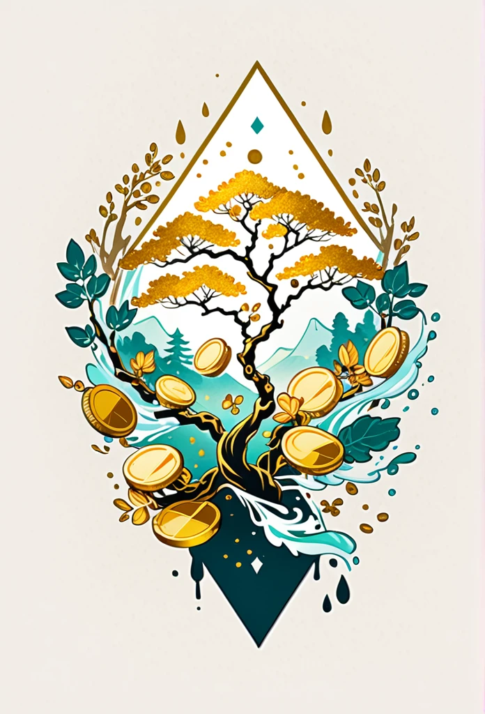 1sticker，a sticker， Nikkaze，（A tree full of gold coins），(Brilliant décor)，（Fortune cicada），（Traditional coats of arms），gold coins，Golden branches and jade leaves，Background brushstrokes in ink style，water ink， white backgrounid， nothing background， simple backgound， dk， badges，logo， pastel colour， vectorstyle， no gradien