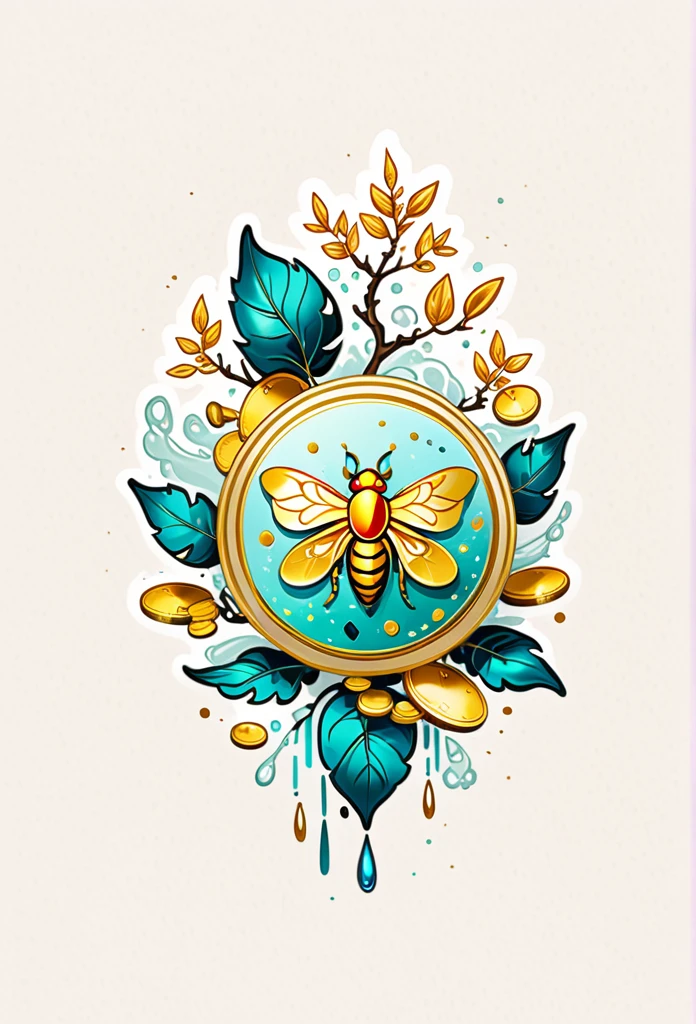 1sticker，a sticker， Nikkaze，（A tree full of gold coins），(Brilliant décor)，（Fortune cicada），（Traditional coats of arms），gold coins，Golden branches and jade leaves，Background brushstrokes in ink style，water ink， white backgrounid， nothing background， simple backgound， dk， badges，logo， pastel colour， vectorstyle， no gradien