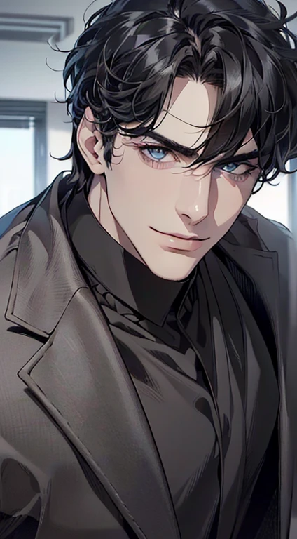 (best quality,4k,8k,highres,masterpiece:1.2),ultra-detailed,(realistic,photorealistic,photo-realistic:1.37),1 man,3,mature man,very handsome,without expression,smile,short grey black hair,blue eyes,penetrating gaze,perfect face without errors,imposing posture,businessman,office background,cinematic lighting,hdr image