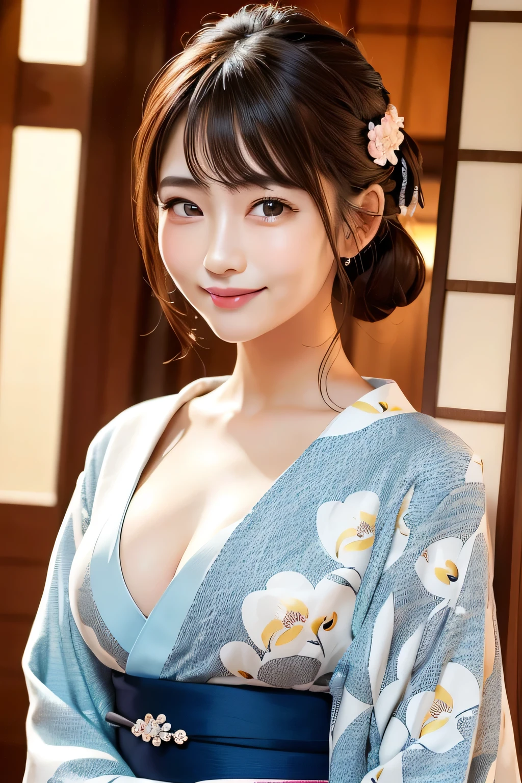 (highest quality:1.5)、(Real:1.5)、(1 person:1.5)、Medium Shot、(Very detailed)、(High resolution)、8k、Small breasts、Natural color lip、Cute smile、Japanese women、20 year old girl、Thin eyebrows、Beautiful and elegant face、Cute face、Cute eyes、Big eyes、Big Eyes、Fair skin、Beautiful and elegant face、Natural Bangs、Beautiful and thin nose、 Beautiful Skin、Medium Bob Hair、Natural Bangs、Perfect and beautiful facial features、Slim face and figure、（Looking at the camera with a cute expression）、（Bright lighting）、Professional Lighting、（Lighting from the front）、Adorable smile、cute、Beautiful cleavage、Simple Background、Japanese-style room、Beautiful clavicle、Graceful pose、Kimono with long-sleeved kimono、Cutekimono with long-sleeved kimono、(cutekimono)、(cutekimono)、Beautiful clavicle、Upper Body、Beautiful cleavage、Beautiful Japanese pattern kimono、Cute Japanese pattern obi、kimono、(Large Breasts:1.3), (Slim Body:1.3),