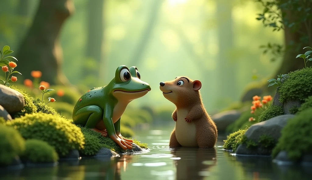 Cinematic cartoon 3d style Both the frog and mole are depicted together in the forest clearing, surrounded by lush greenery and the gentle flow of the brook, capturing their serene and harmonious interaction.