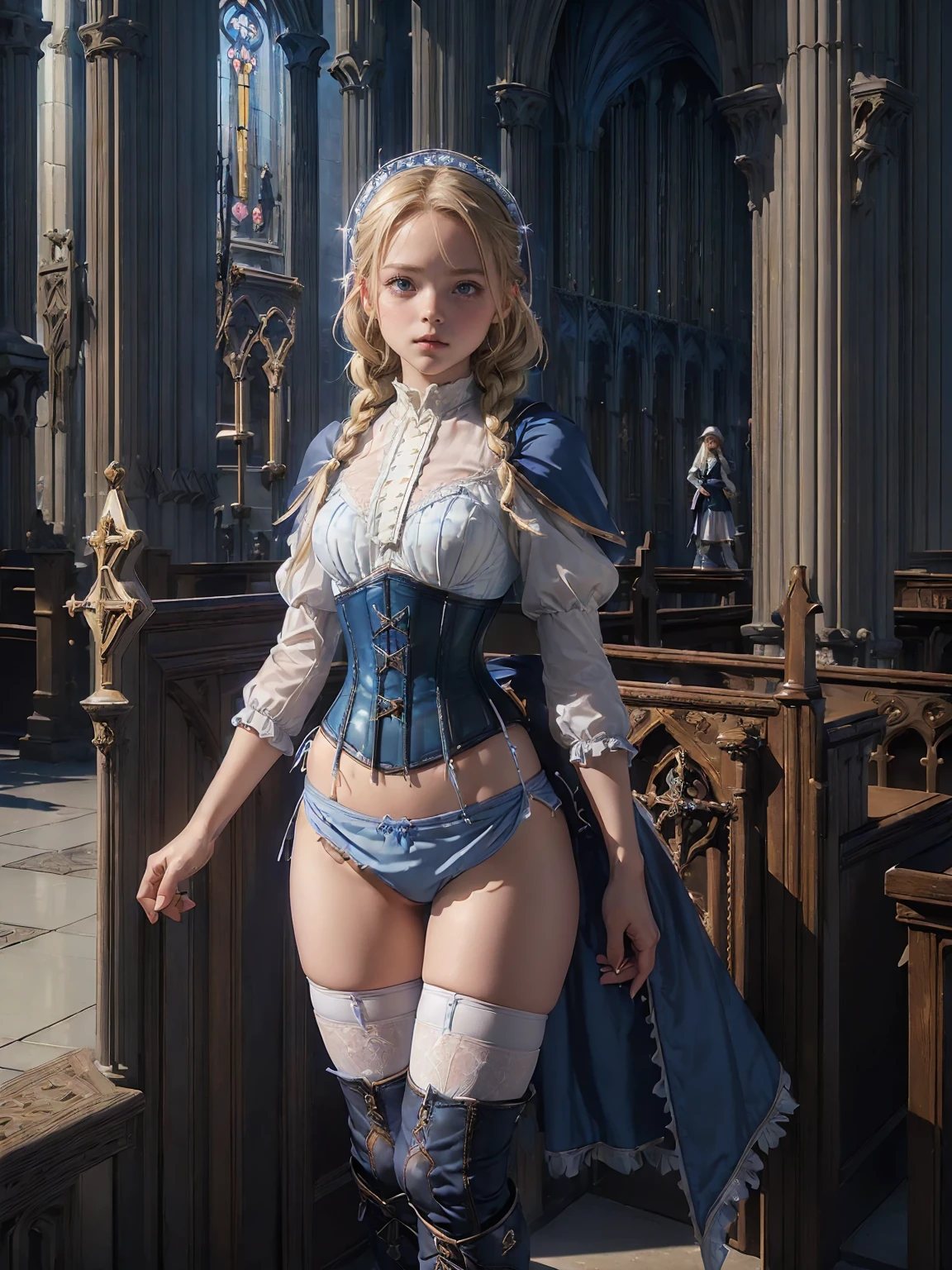 (((fantasy, cathedral:1.4))), (((midnight:1.4))), masterpiece, best quality, ultra-detailed, high resolution, extremely detailed cg, 8k, beautiful detailed eyes, depth of field, perfect anatomy, super detailed skin, cinematic lighting, dynamic lighting, anime picture, shiny hair and skin, detailed outfit, 【break】, ((cowboy shot, looking down , standing, zettai ryouiki, stylish poes:1.3)), (((a 1girl is , child, little young girl age8, soro:1.6))), ((afterglow)), (((blonde hair, Braided hair:1.3))), (beautiful detailed blue eyes), white-skinned, (((child short stature, child body shape, young face, cute face, small breasts, slim:1.4))), , wizard, ((Pure white silk, white blouse:1.3)), ((blue mini skirtt, blue corset, blue mantle:1.4)), ((White knee-high stockings:1.2)), ((white short boots)),
((pure white panties)),