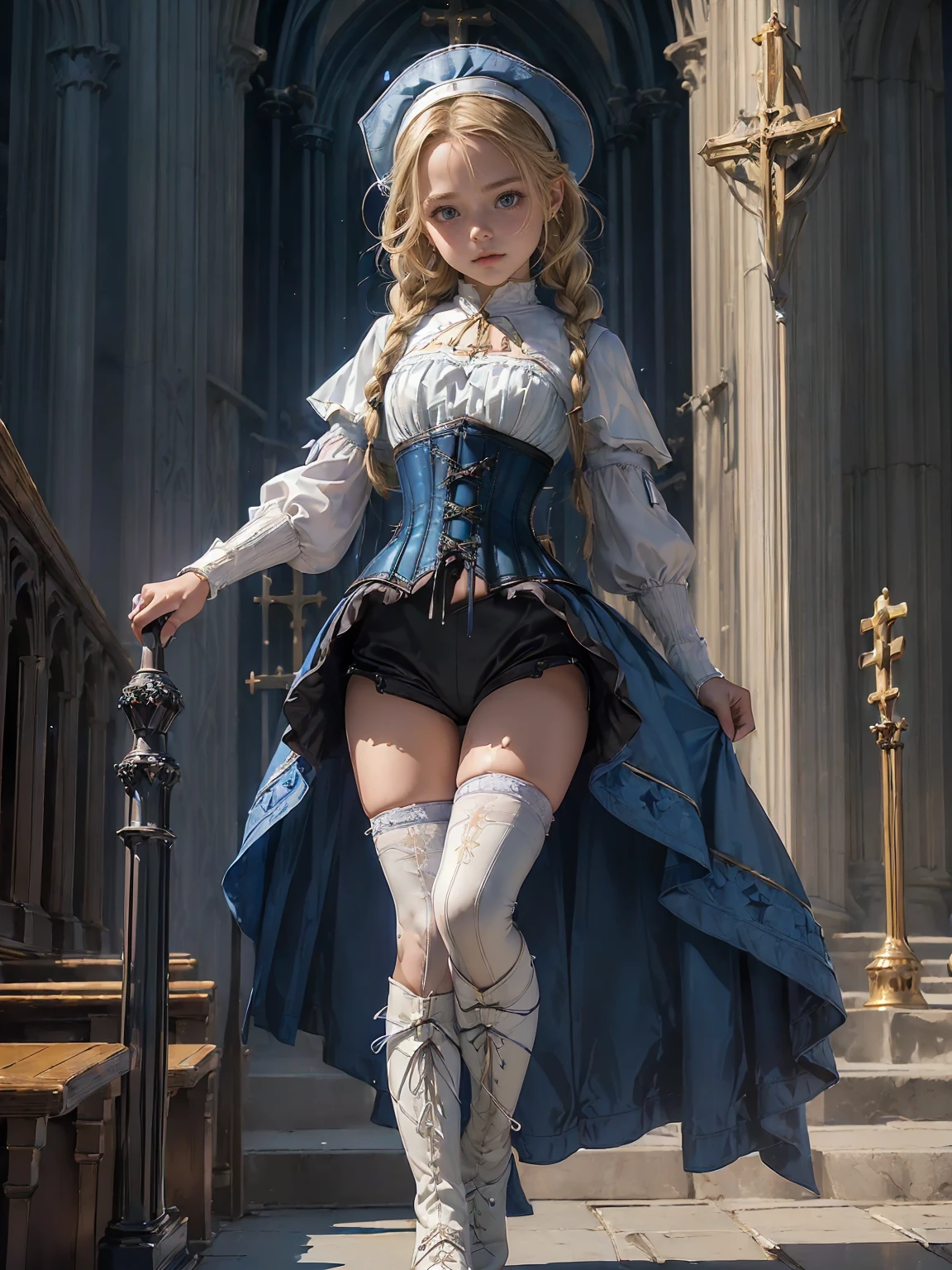 (((fantasy, cathedral:1.4))), (((midnight:1.4))), masterpiece, best quality, ultra-detailed, high resolution, extremely detailed cg, 8k, beautiful detailed eyes, depth of field, perfect anatomy, super detailed skin, cinematic lighting, dynamic lighting, anime picture, shiny hair and skin, detailed outfit, 【break】, ((cowboy shot, looking down , standing, zettai ryouiki, stylish poes:1.3)), (((a 1girl is , child, little young girl age8, soro:1.6))), ((afterglow)), (((blonde hair, Braided hair:1.3))), (beautiful detailed blue eyes), white-skinned, (((child short stature, child body shape, young face, cute face, small breasts, slim:1.4))), , wizard, ((Pure white silk, white blouse:1.3)), ((blue mini skirtt, blue corset, blue mantle:1.4)), ((White knee-high stockings:1.2)), ((white short boots)),
((pure white panties)),