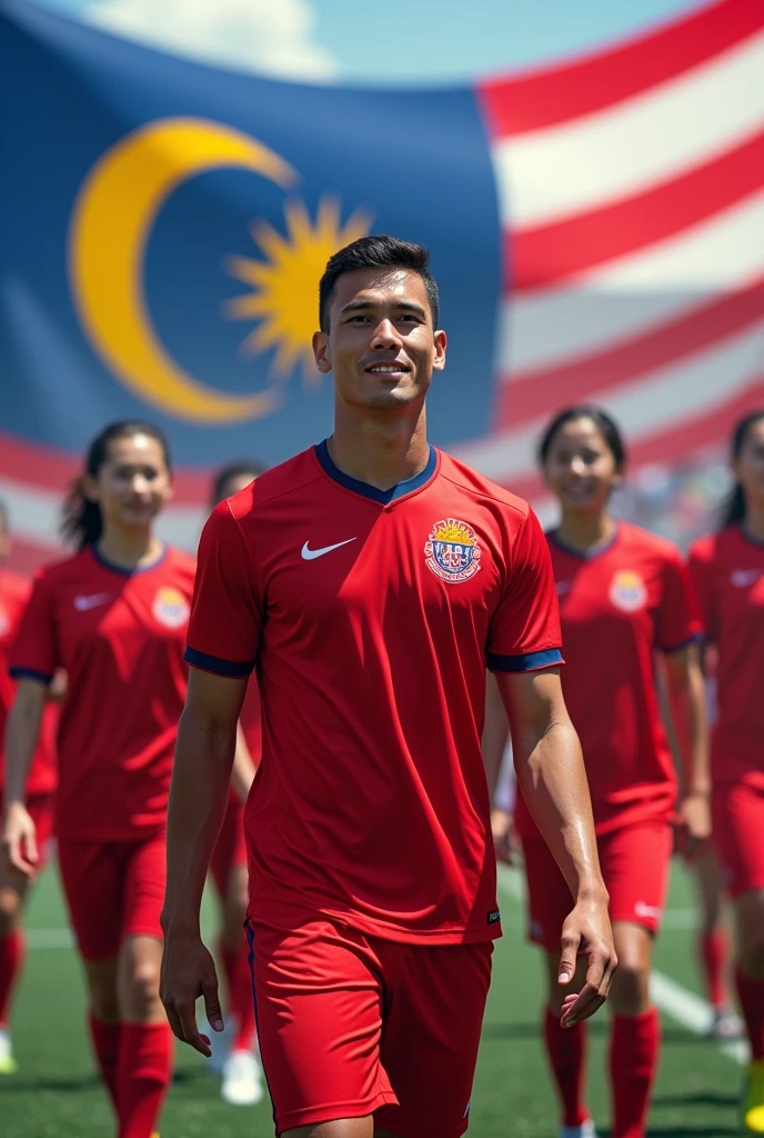 men and women with matching Malaysia olympics uniform , have element of jalur gemilang