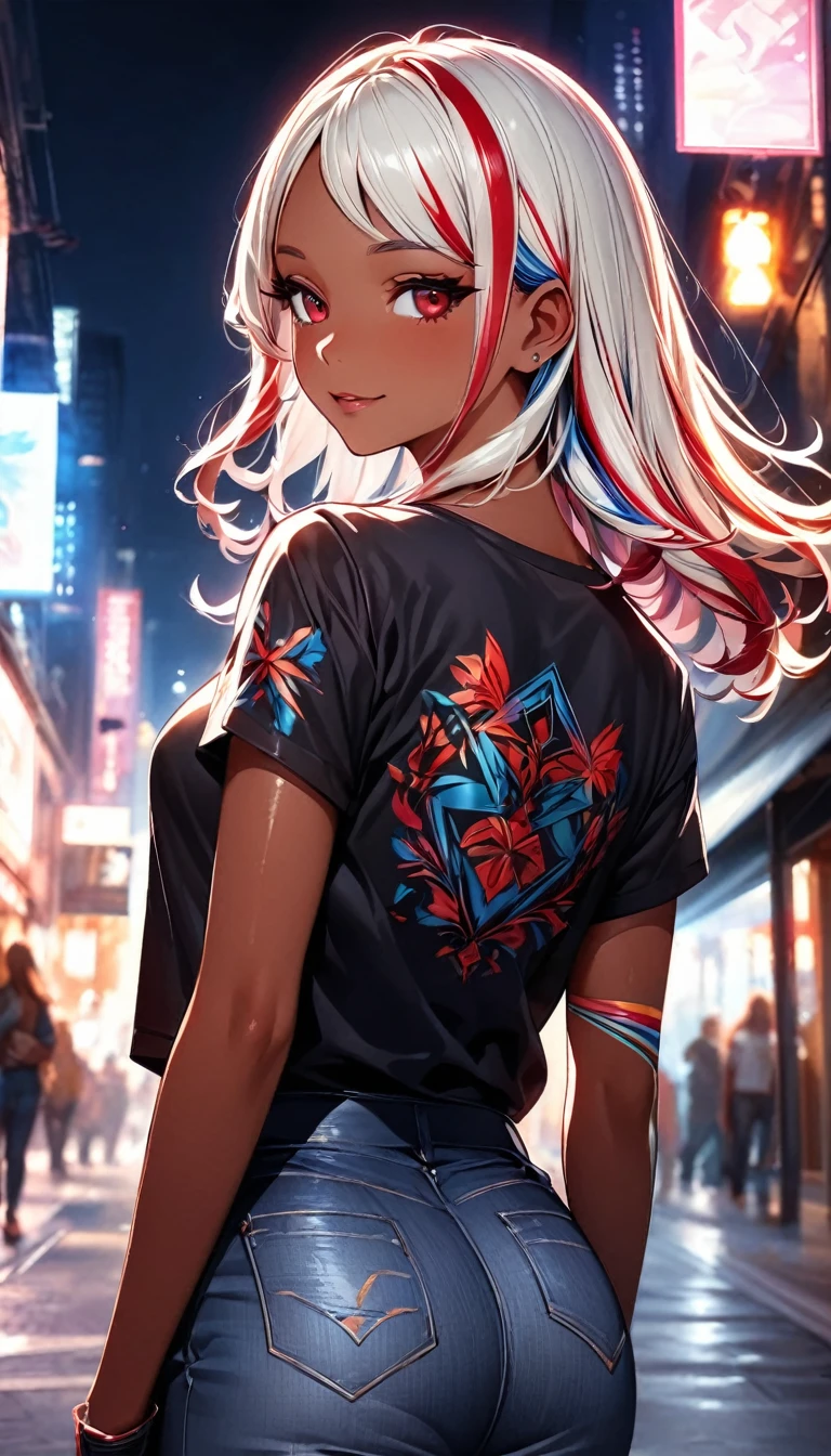 (highest quality:1.2, Very detailed, up to date, Vibrant, Ultra-high resolution, High Contrast, masterpiece:1.2, highest quality, Best aesthetics), Portraiture、girl、singer, solo, ((25-years-old:1)), Bright colors, Beautiful fine details、Beautiful lip detail、medium wave hair、red and white ((streaked hair:1.6)), highlights hair: 1.5, red eyes, (slim:1), medium breast, (tan skin:1.1), (Floral Fineline tattoo design on left arm:1), (Walking down the busy street at night:1), sparkling city lights, daypack on left shoulder, t-shirt, jeans short, long boots, looking back, fascinating look, cowboy shot