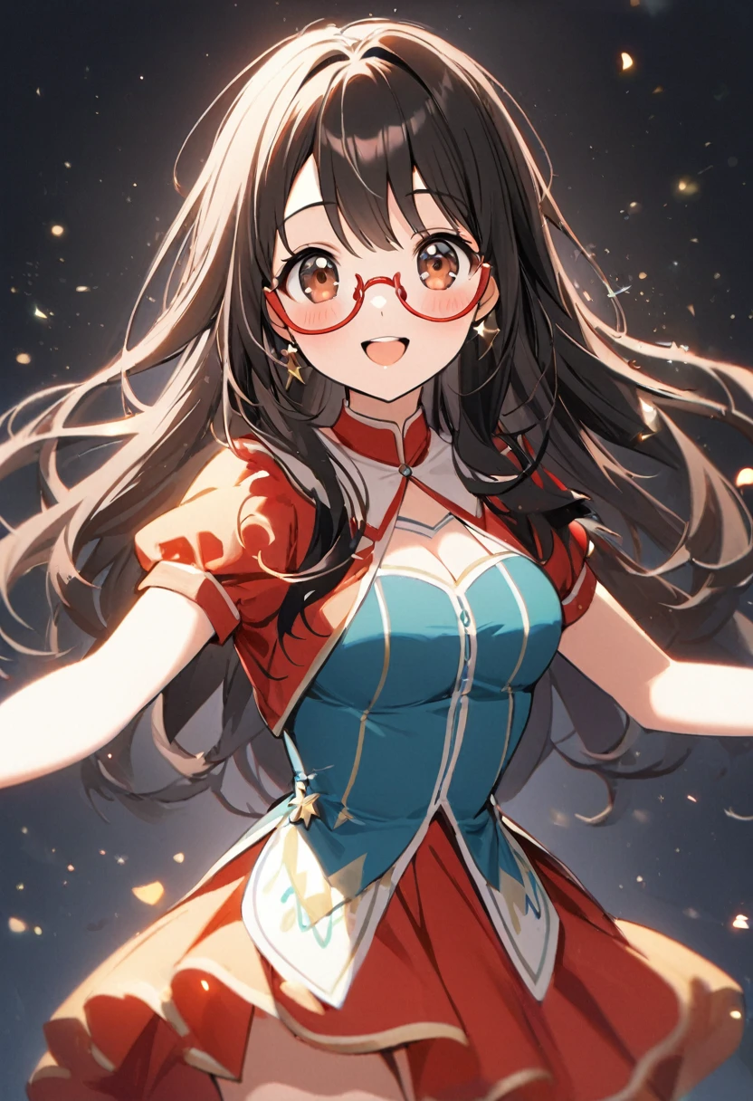 1girl, 17yo, brown eyes are shining and cute, black hair, long hair, tareme, (red-rimless eyewear:1.2), star earrings, medium breasts, smile, blushful,Now the dreams and miracles that start running shine, the gushing beat, embrace me, yeah! I'll sing, the hot sparkling feelings won't stop anymore, reach out higher, with you, with you, with you, let's go forward.
