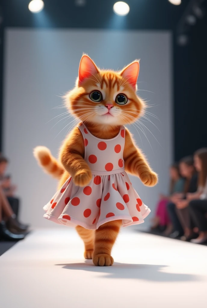 (photorealism:1.2), a cute ginger cat wearing polka dots dress walking down the runway