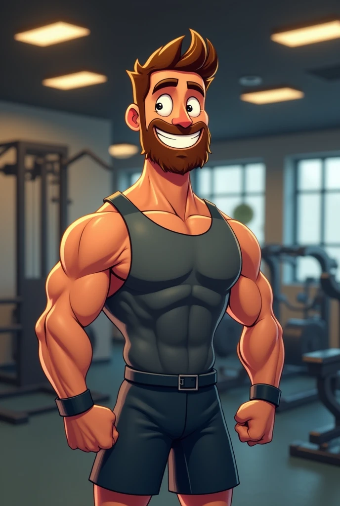 happy cartoon man training in gym