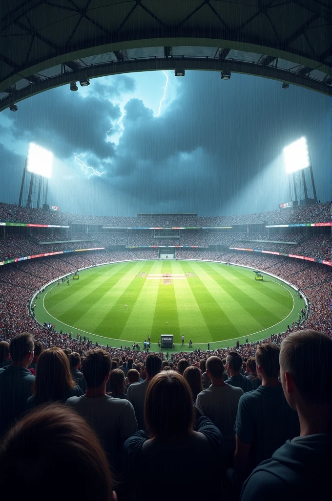 The Melbourne cricket ground with Fully spectators and covered with rainy and thunderbolt 