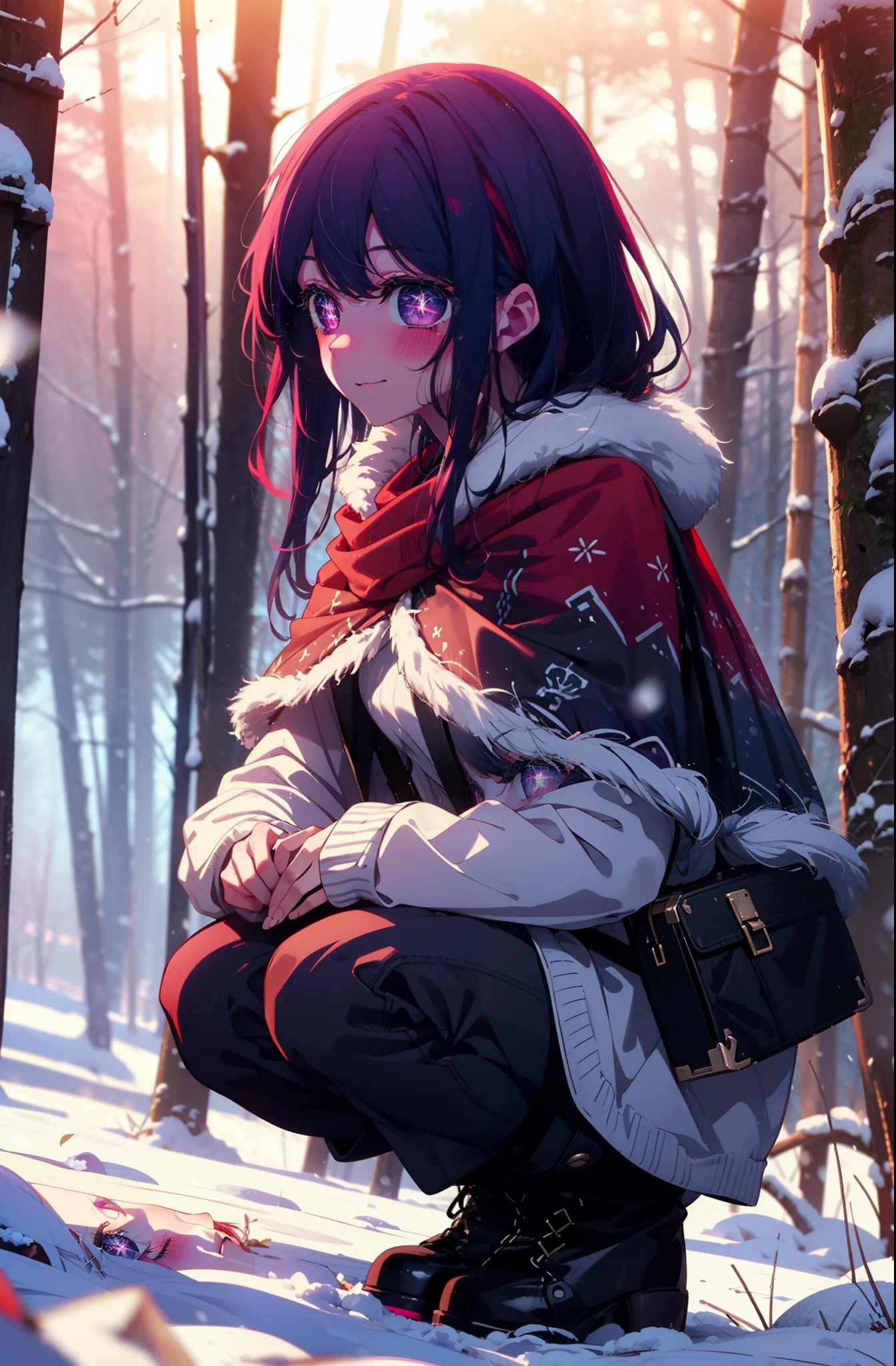 aihoshino, Ai Hoshino, Long Hair, bangs, (Purple eyes:1.1), Purple Hair, (Symbol-shaped pupil:1.5), smile,,smile,blush,white breath,
Open your mouth,snow,Ground bonfire, Outdoor, boots, snowing, From the side, wood, suitcase, Cape, Blurred, , forest, White handbag, nature, Squat, Mouth closed, Cape, winter, Written boundary depth, Black shoes, red Cape break looking at viewer, Upper Body, whole body, break Outdoor, forest, nature, break (masterpiece:1.2), Highest quality, High resolution, unity 8k wallpaper, (shape:0.8), (Beautiful and beautiful eyes:1.6), Highly detailed face, Perfect lighting, Extremely detailed CG, (Perfect hands, Perfect Anatomy),