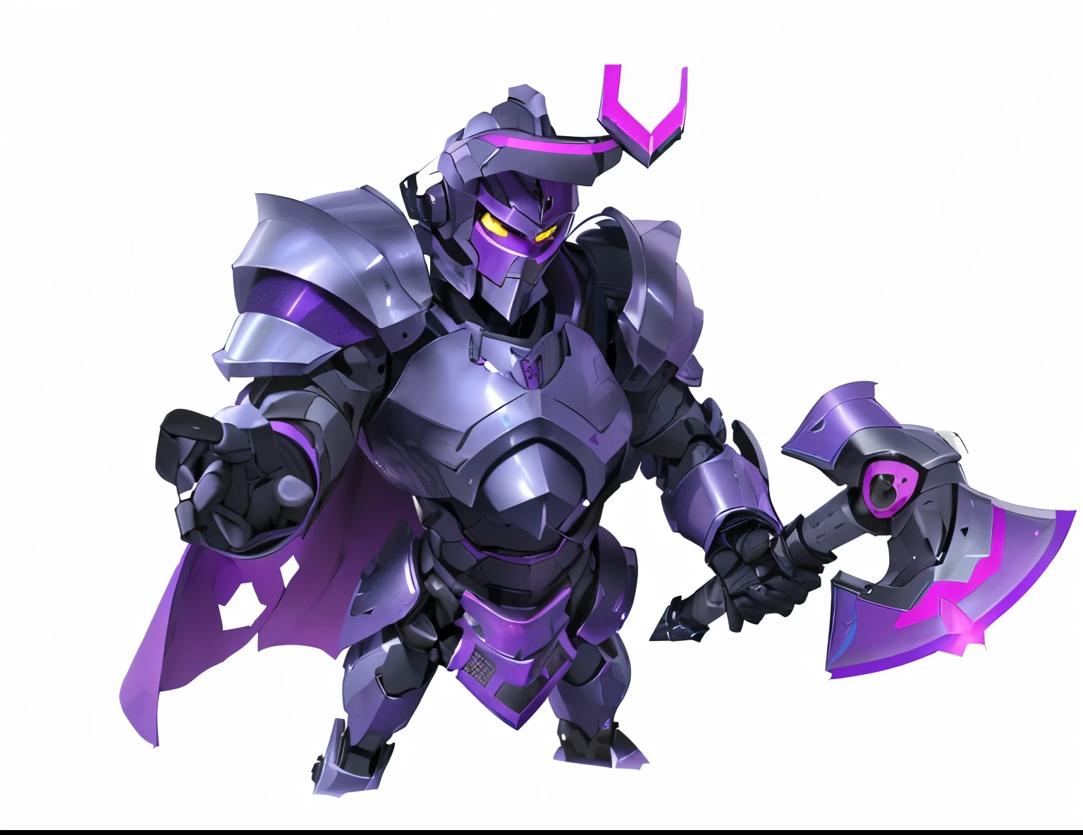 a close up of a robot with a purple helmet and a purple sword, agent pekka, sleek purple armor, evil knight, sharp silver armor fuchsia skin, clash royal style characters, purple glowing core in armor, wearing dark purple armor, fuchsia skin beneath the armor, purple armor, obsidians skin, fuchsia skin below the armor, with sleek silver armor