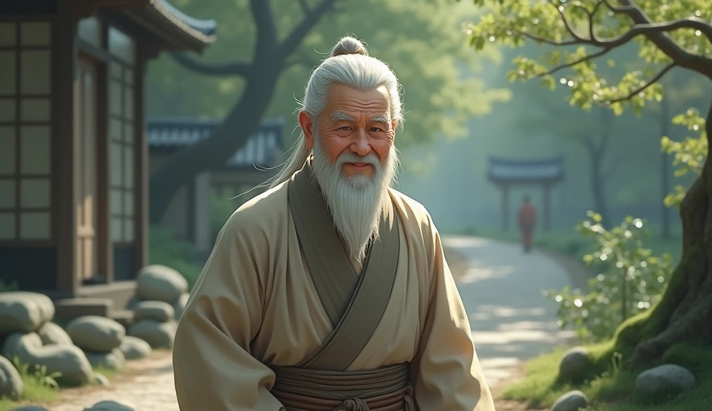 Master Koji is an elderly Zen master with a serene and gentle demeanor. He has a warm, wise smile that reflects his deep understanding of life. His long, silver hair is tied back neatly, and he wears simple, traditional Zen robes in muted colors. He moves gracefully and with purpose, embodying tranquility. His eyes are kind and observant, showing both compassion and insight