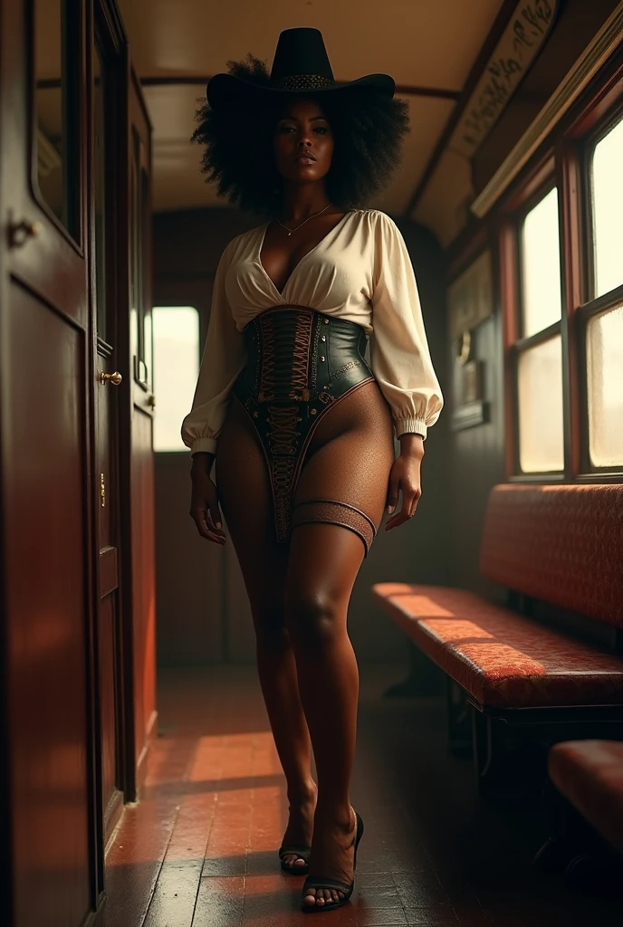 Hot cute fit tall African American black female. With fluffy hair. Massive xxl round breasts. Wearing a thin pligrim top hat. Wearing a Thanksgiving pilgrim dress outfit. With pantyhose. Wearing pilgrim heels. Standing in the back of a train alone