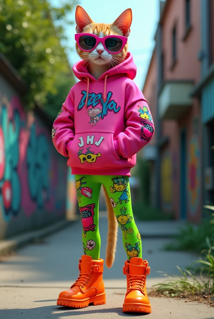 [Leonardo AI]
Type: Ultrarealistic
Subject: A stylish cat wearing an outfit inspired by the image: a vibrant pink hoodie with bold graphic designs, neon green leggings with abstract patterns, and bright orange boots with LED lights. The cat is posed confidently, mirroring the urban street style, with large, round, pink glasses as a final touch. The fur of the cat is sleek, contrasting with the bold colors of the outfit. The cat's expression is cool and confident, matching the edgy vibe of the attire.
Environment: An urban street scene with graffiti-covered walls, lush green plants, and a concrete path, just like the background in the reference image. The environment should have a gritty yet vibrant feel.
Art Style: Photorealistic with a focus on vibrant colors and intricate details in both the outfit and the urban setting.
Lighting: Bright, natural daylight with soft shadows to emphasize the neon colors and the cat’s fur texture.
Camera: Full-body shot, capturing the cat in the entirety of its stylish outfit, with the graffiti and greenery in the background.
Resolution: 4K, ultra-high-definition, focusing on the textures of the clothing, the fur, and the urban environment.

{Ultrarealistic cat wearing a stylish outfit, vibrant urban setting, graffiti, natural lighting, photorealistic, high-definition, full-body shot}
