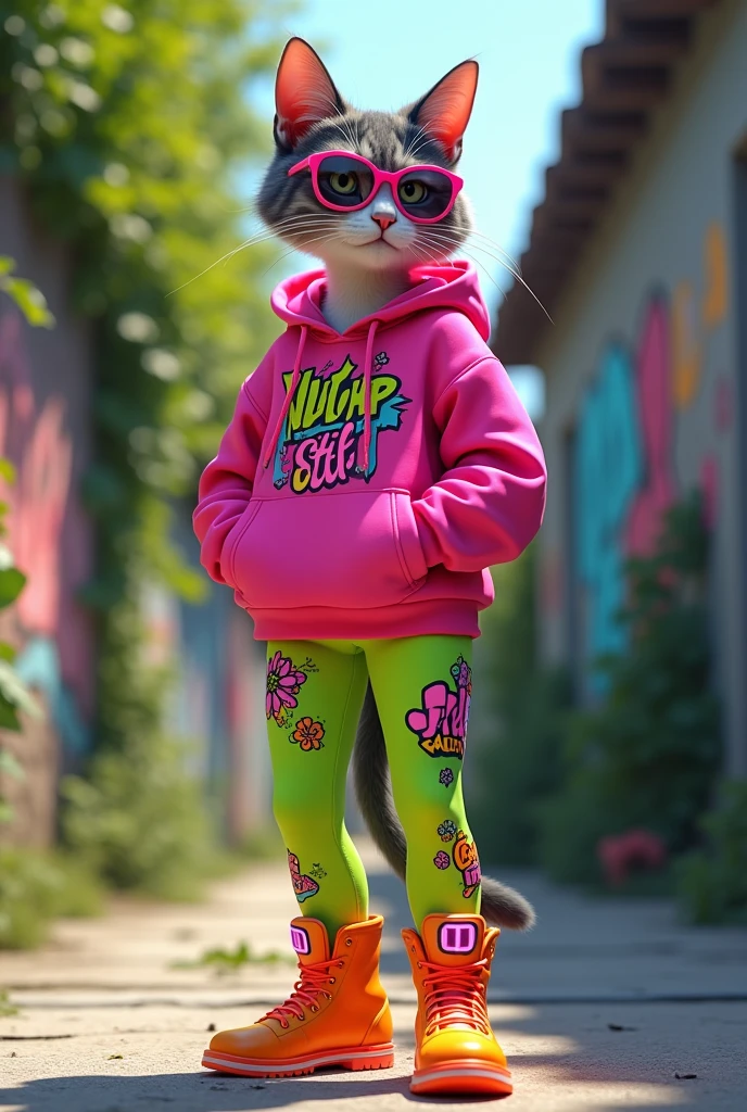 [Leonardo AI]
Type: Ultrarealistic
Subject: A stylish cat wearing an outfit inspired by the image: a vibrant pink hoodie with bold graphic designs, neon green leggings with abstract patterns, and bright orange boots with LED lights. The cat is posed confidently, mirroring the urban street style, with large, round, pink glasses as a final touch. The fur of the cat is sleek, contrasting with the bold colors of the outfit. The cat's expression is cool and confident, matching the edgy vibe of the attire.
Environment: An urban street scene with graffiti-covered walls, lush green plants, and a concrete path, just like the background in the reference image. The environment should have a gritty yet vibrant feel.
Art Style: Photorealistic with a focus on vibrant colors and intricate details in both the outfit and the urban setting.
Lighting: Bright, natural daylight with soft shadows to emphasize the neon colors and the cat’s fur texture.
Camera: Full-body shot, capturing the cat in the entirety of its stylish outfit, with the graffiti and greenery in the background.
Resolution: 4K, ultra-high-definition, focusing on the textures of the clothing, the fur, and the urban environment.

{Ultrarealistic cat wearing a stylish outfit, vibrant urban setting, graffiti, natural lighting, photorealistic, high-definition, full-body shot}
