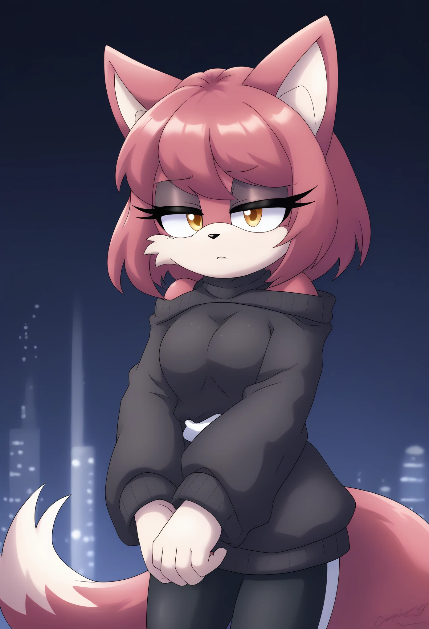 (1girl), (solo), Female Fox, pale maroon colored fur, long pale maroon hair, fringe_trim styled hair bangs, amber eyes, medium bust, (black sweater dress), (off shoulder sweater), yoga pants, loose white belt, long bell sleeves, sleeves overlapping hands, makeup, eyelashes, nighttime, dim city lights, (tired expression), sleepy, mobian, mobius city
