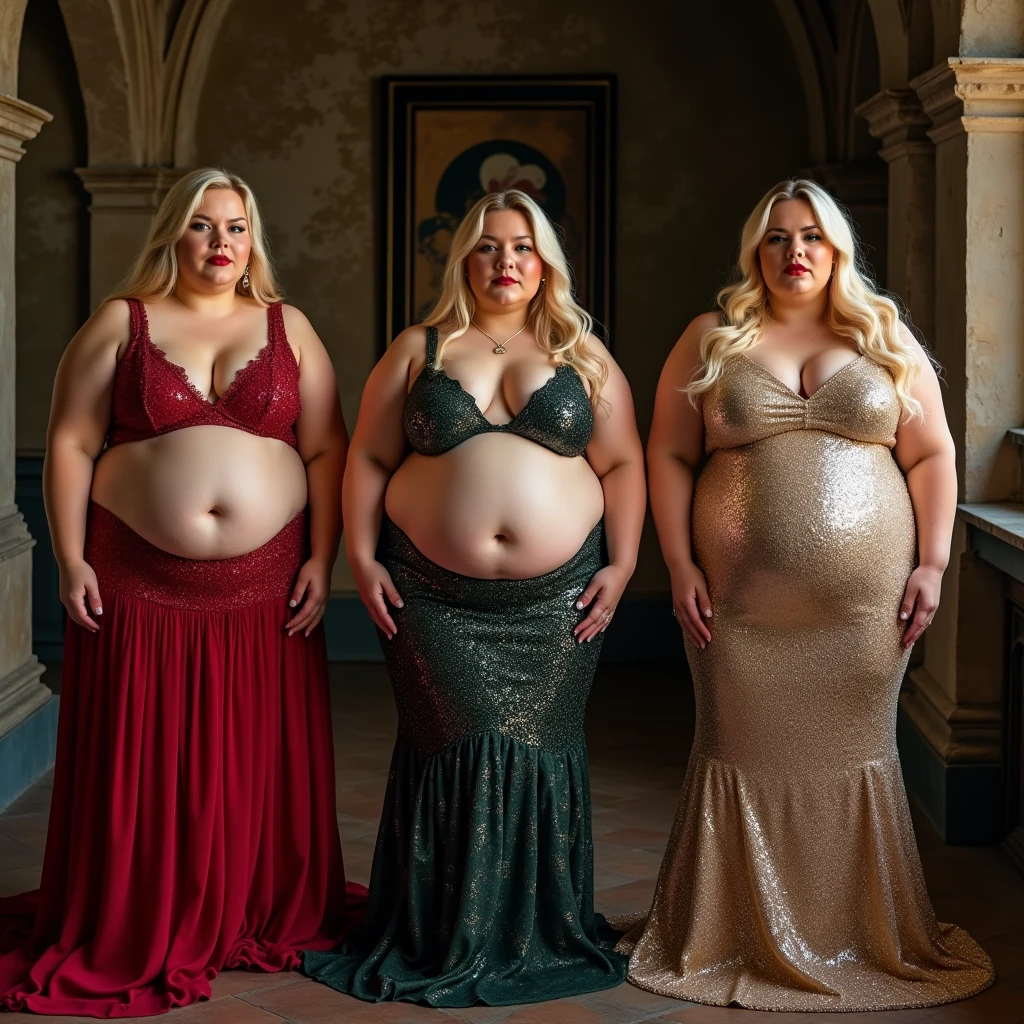 Three plus size model women have a lot of fat on their stomachs and buttocks and weigh 150kg, they gained weight by eating too much, they are blonde haired obese women with very big stomachs and buttocks, they are plus size models and their whole body is covered with a lot of fat, they are doing a photo shoot in an old castle wearing glittering and gorgeous dresses for the promotion of a high-end formal wear brand, 4K quality