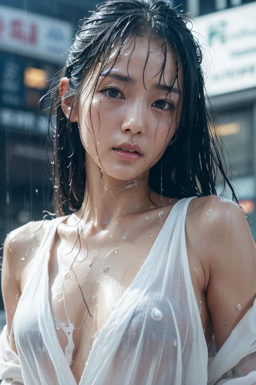 Best image quality, masterpiece, Ultra-high resolution, (Loyalty :1.4), Pretty Japanese woman, 1 person, Detailed face, Detailed eyes, Correct human anatomy, ,tears, tearsdrop, (White shirt), (Wet clothes stick to the body:1.4), Exposing shoulders, ((Wet Hair)), Heavy Rain, Shibuya Crossing