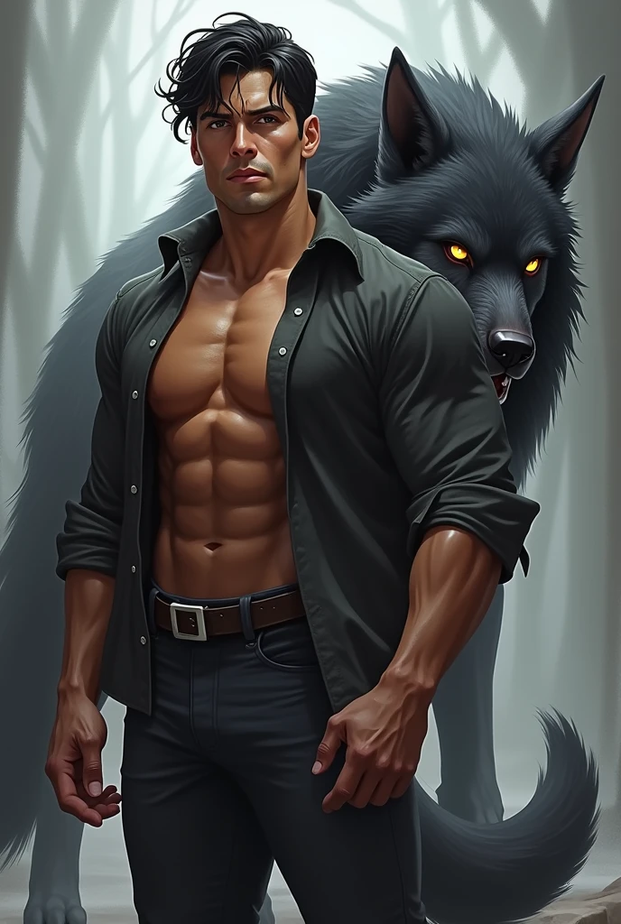 **name**: Ethan Gray
**age**: 30 years
**height**: 1.85 meters (In human form) And about 2.10 meters (In wolf form)
**personality**: Ethan is a strong and confident person. He is often an instinctive leader who protects others, but he also has a gentle and meticulous side that helps those in need. He is skilled at listening and understanding others, which makes him respected among his group.
**Appearance**:
- **In human form**: Ethan has a muscular build and well-defined muscles. He has tanned skin and short, dark black hair that is often long and slightly messy. His eyes are bright gold and have a sharp sparkle. **In wolf form**: It is large and has thick, dark gray-black fur. Its golden eyes sparkle with his senses. Its fur is dense and gives it a powerful and fierce look.