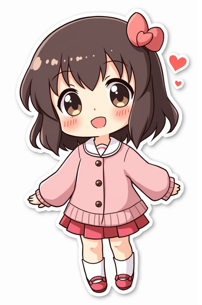 Please make a chibi female character into an anime style sticker, With border and white background