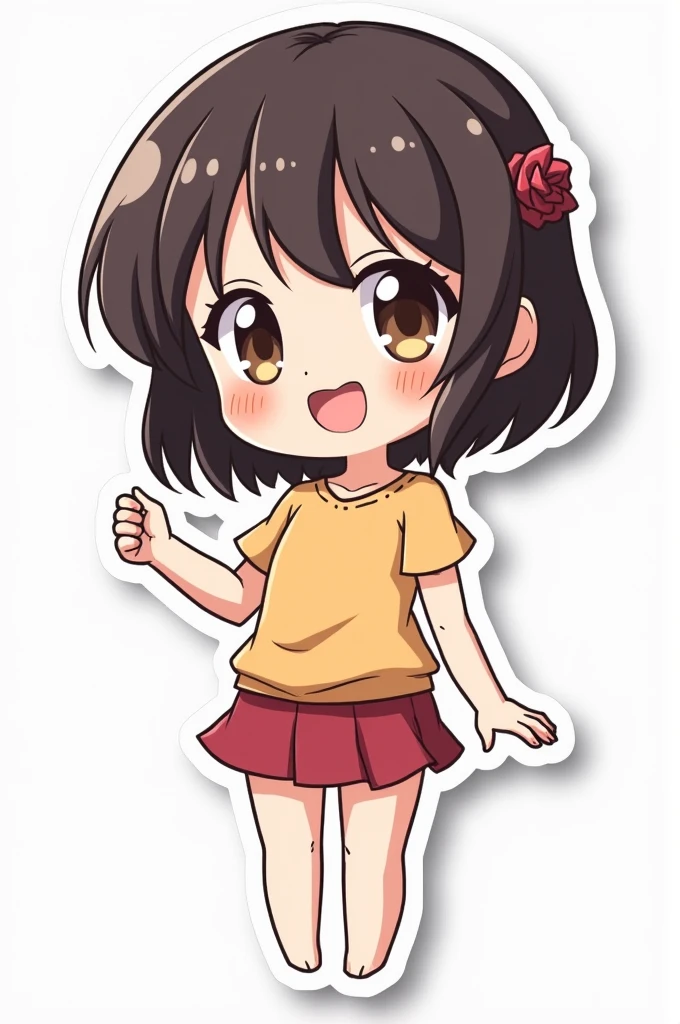 Please make a chibi female character into an anime style sticker, With border and white background