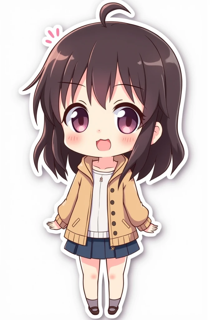 Please make a chibi female character into an anime style sticker, With border and white background