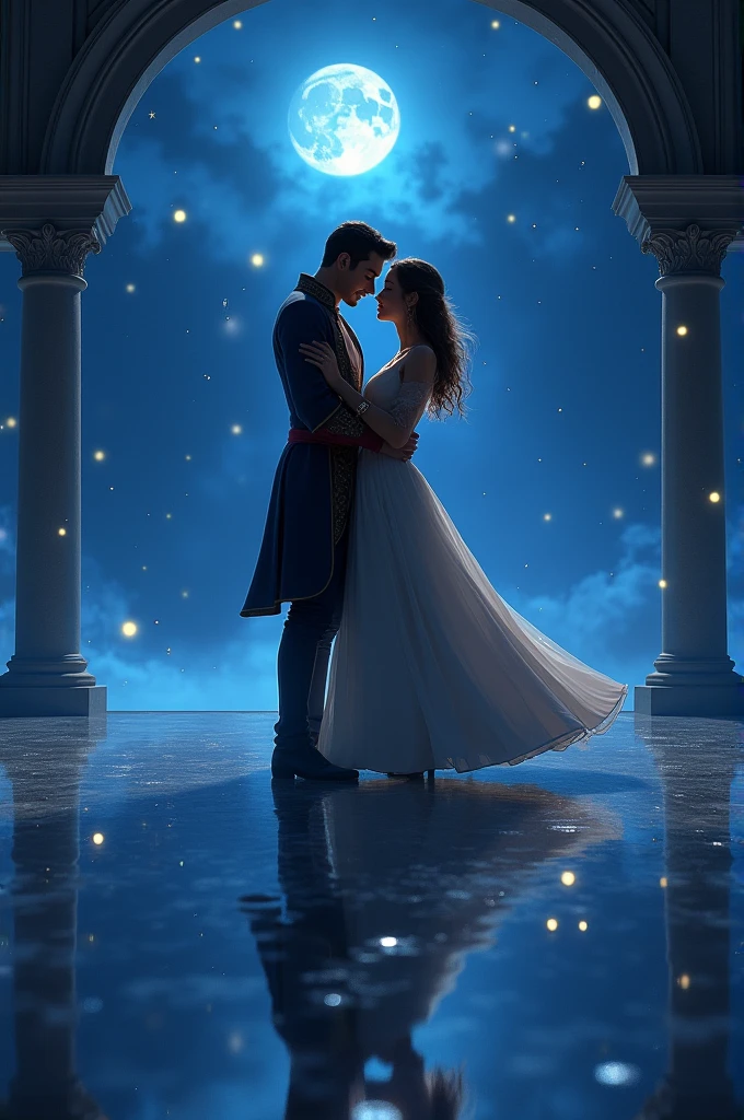 Or a mirror floor with the reflection of a prince and a princess having a dance with prince both hand on her waist and the princess hands on his neck, there face close to eachother and at Night with open sky moon and starts reflecting the night of there love 