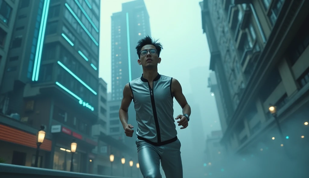 side shot camera, dutch angle, random shoot, Close up camera to the boot of Asia male running on the street of cyberpunk Saigon city, wearing a silver tech vest, wearing glass. Gray city, deserted streets, skyscrapers with sparkling blue LED lights. Lighting: Gray tones with dim neon lights. Effects: Smoke and blue light running along the buildings. Special: Stifling and quiet atmosphere, city not activated.
