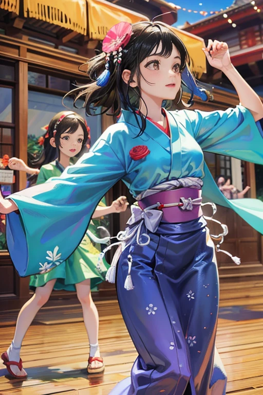 (Japan Bon Odori,最高masterpiece,Highest quality), Hot August,Bright vibrant anime art,People of all ages and genders dance and dance, Dancing in yukata,Laughing and dancing, Showing white teeth,Men and women dance in a circle, masterpiece,Highest quality,High resolution,