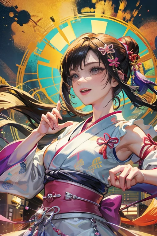 (Japan Bon Odori,最高masterpiece,Highest quality), Hot August,Bright vibrant anime art,People of all ages and genders dance and dance, Dancing in yukata,Laughing and dancing, Showing white teeth,Men and women dance in a circle, masterpiece,Highest quality,High resolution,