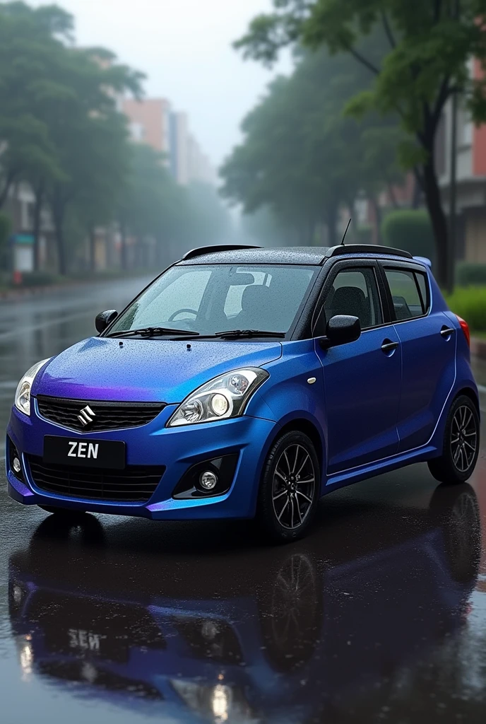 A car , company : Maruti Suzuki, model: Zen estilo, make: 2009, body deep blue with violet tint color , top roof black color. With rain guard and spoilers Create the image