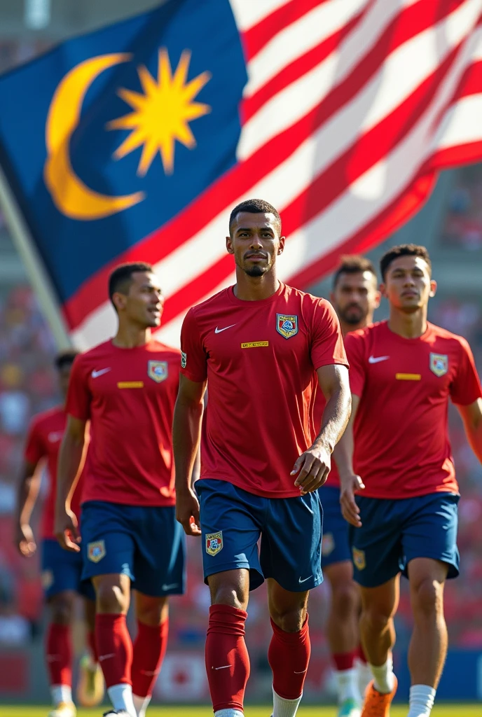 men and women with matching Malaysia olympics uniform , have element of jalur gemilang