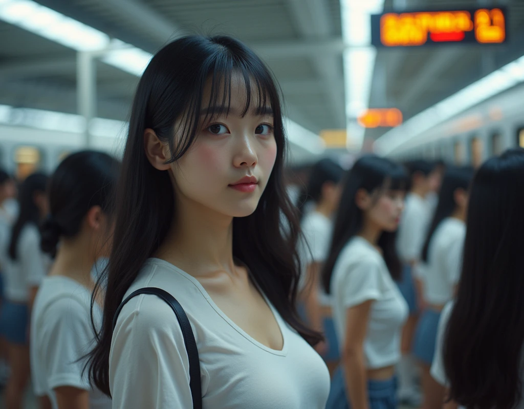 (((((Japanese Clone-girls=Myself))))), (((Super Best masterpiece Clone-girls Raw Photography Art))), (((16K, Highest quality, Ultra-high resolution, RAW Photos))), (((It's so unrealistic., With unparalleled depiction, With an unfathomable sight, An unprecedented and shocking worldview, Clone-girls: In a world of mass reproduction, Ultra-realistic))), (((Japanese Girls, Yokoyama-Yui, 18yo, Small face, Thick black hair, long hair, Dark Eyes, Mature face, Cute Smile, Smiling face, A gentle gaze, (((Very pleasant look)))))), (((Very beautiful detailed girls, Accurate body structure, Accurate body movements, Very detailed body, (((Super big breasts, Large bulge of ample breasts)))))), (((High school girl's summer uniform, Short sleeve, mini skirt, hour々I can see your pants, Cleavage Emphasis, Emphasise the fullness of your breasts))), ((((((((Very detailed, Myself cloning, Depiction of splitting oneself, 1Myself girl→1,000,000,000,000,000,000,000,000,000,000Myself cloning girls)))))))), (((((((Myself clone-girlsから, Myself keeps multiplying, (Very detailed and intricate, To the exact, Perfect and consistent, (((In the same female body,With the same face, With the same hairstyle, In the same clothes, At the same height, 同じSuper big breastsである))), In a detailed depiction), 1,000,000,000,000,000,000,000,000,000,000 people))))))), (((((Myself girls only))))), (((((1,000,000,000,000,000,000,000,000,000,000Myself girls))))), (Very detailed, On the platform of a certain station in Japan, A crowd of Myselfs waiting for a train, Depicting yourself moving and standing, View from the train side), Where the wind blows, A super crowded scene, (Very detailed depiction, Clear and accurate perspective depiction, Ultra-wide field of view, wide view, Focus on the average value of the image)