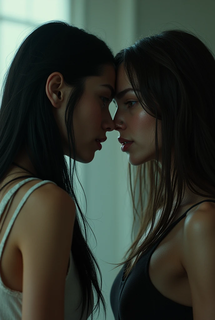 (photo realist)
a very ugly woman, with dark brown hair starts whispering something into another woman's ear, with long, thin black hair
