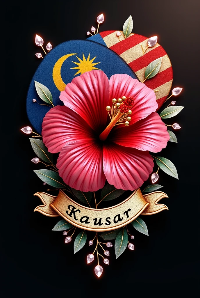 Brooch hibiscus with malaysia flag as the pattern and KAUSAR inside ribbon under it with glowing diamonds scatterd around