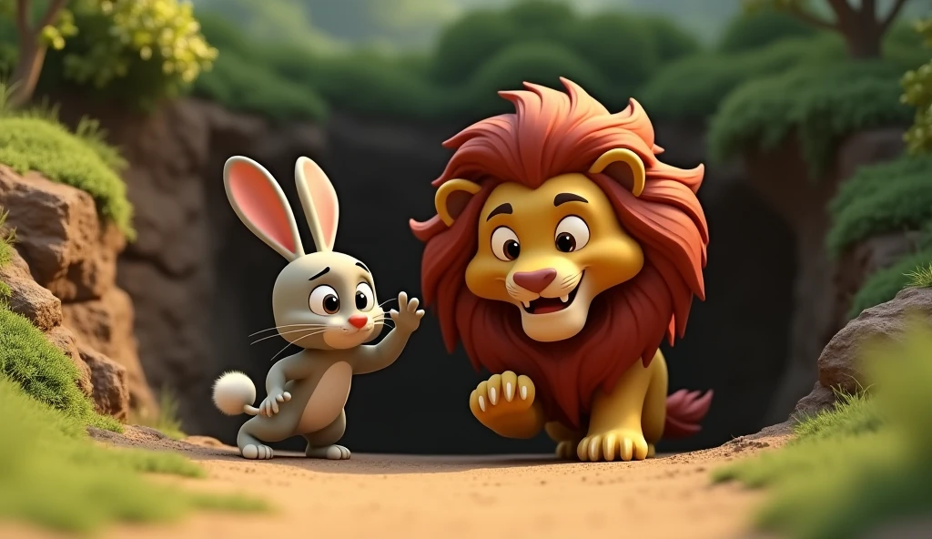 खरगोश को अपनी गलती का एहसास हुआ। उसने तुरंत शेर को गड्ढे से बाहर निकाला  3D animeted 
