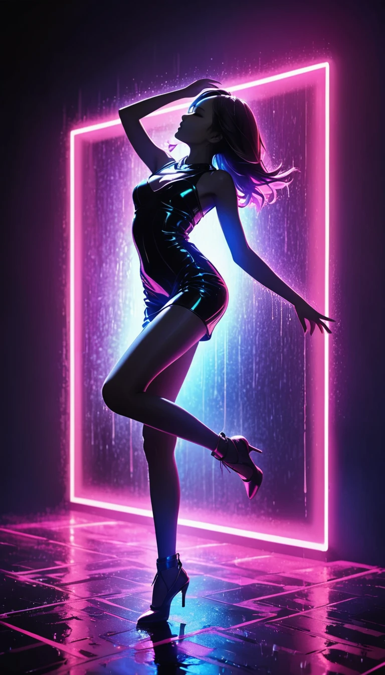 Beautiful silhouette of female body, Sexy Dance, seducing the public, shower, (Perfect silhouette), Bold and attractive, BREAK 躍動感のあるPerfect silhouette, Sharp Edges of Neon Art, A bright and aesthetic image of rain and light, Sexy Dance Poses, Subtle and soft neon lighting, Realistic black light, (The background is completely black),