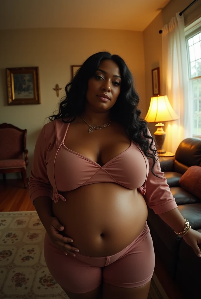 Pov when your vision offers a cigarette to Cardi B&#39;s plus size stepmother who is pregnant with twins in the living room of your house. HD, realface, cinematic, fisheye camera view, iphone camera style, Photorealistic