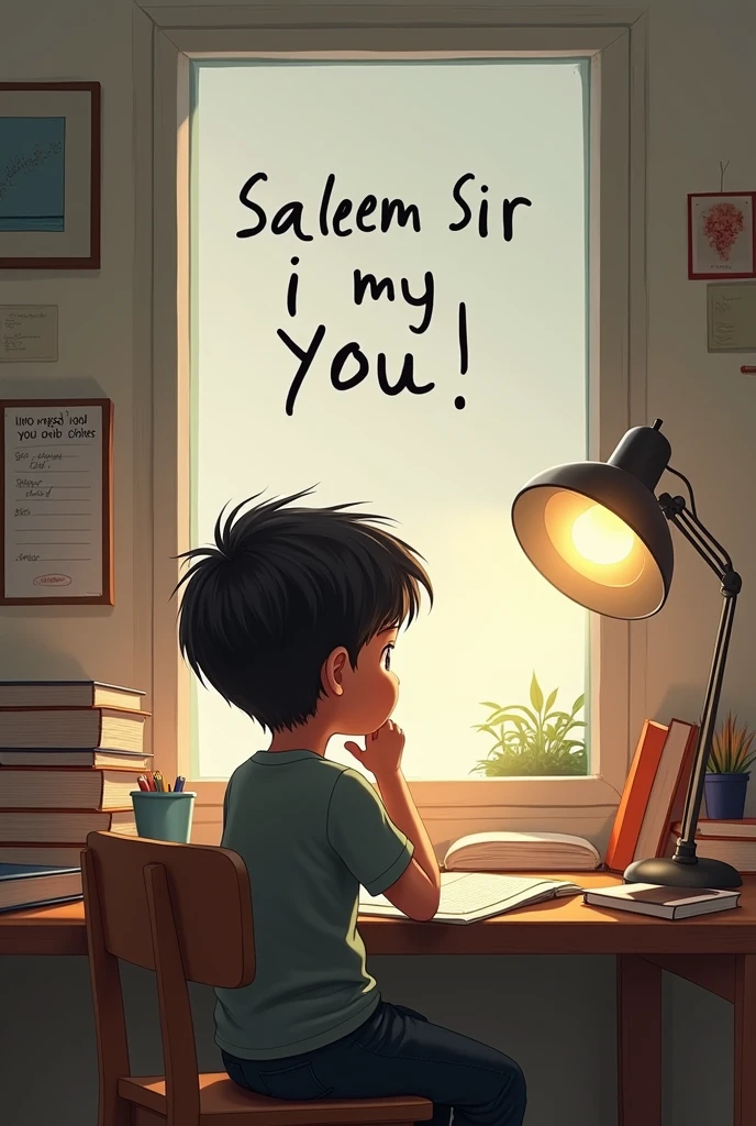 Back ground image : study table and boy
Text color is black :
PW is my life
Saleem sir I love you
