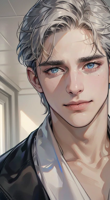 (best quality,4k,8k,highres,masterpiece:1.2),ultra-detailed,(realistic,photorealistic,photo-realistic:1.37),1 man,3,mature man,very handsome,without expression,smile,short grey golden hair,blue eyes,penetrating gaze,perfect face without errors,imposing posture,businessman,office background,cinematic lighting,hdr image