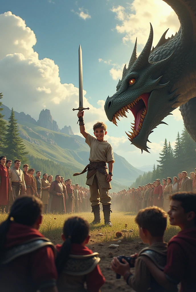 Boy cut down dragon head everyone is encouraging.