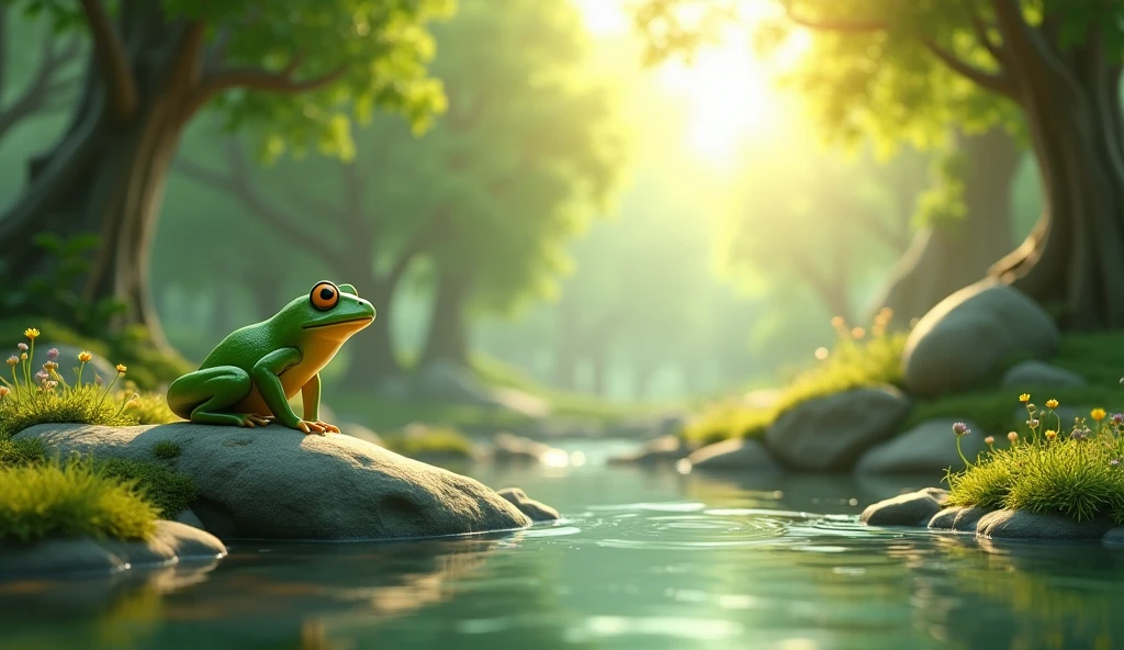 Cinematic cartoon 3d style A peaceful forest clearing with dappled sunlight filtering through the trees. A small, green frog is perched on a smooth, flat rock next to a clear, bubbling brook.