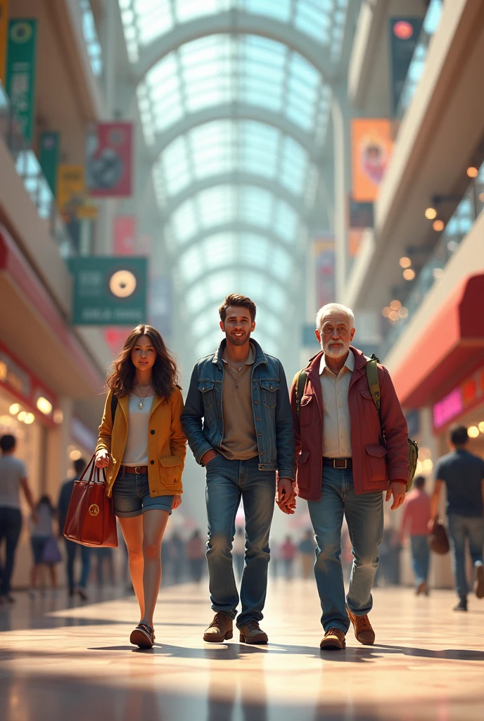 three people walking in the mall