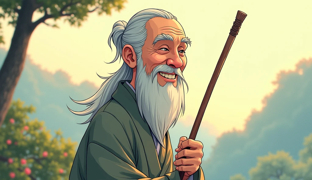 Master Koji is an elderly Zen master with a serene and gentle demeanor. He has a warm, wise smile that reflects his deep understanding of life. His long, silver hair is tied back neatly, and he wears simple, traditional Zen robes in muted colors. He moves gracefully and with purpose, embodying tranquility. His eyes are kind and observant, showing both compassion and insight in comic style