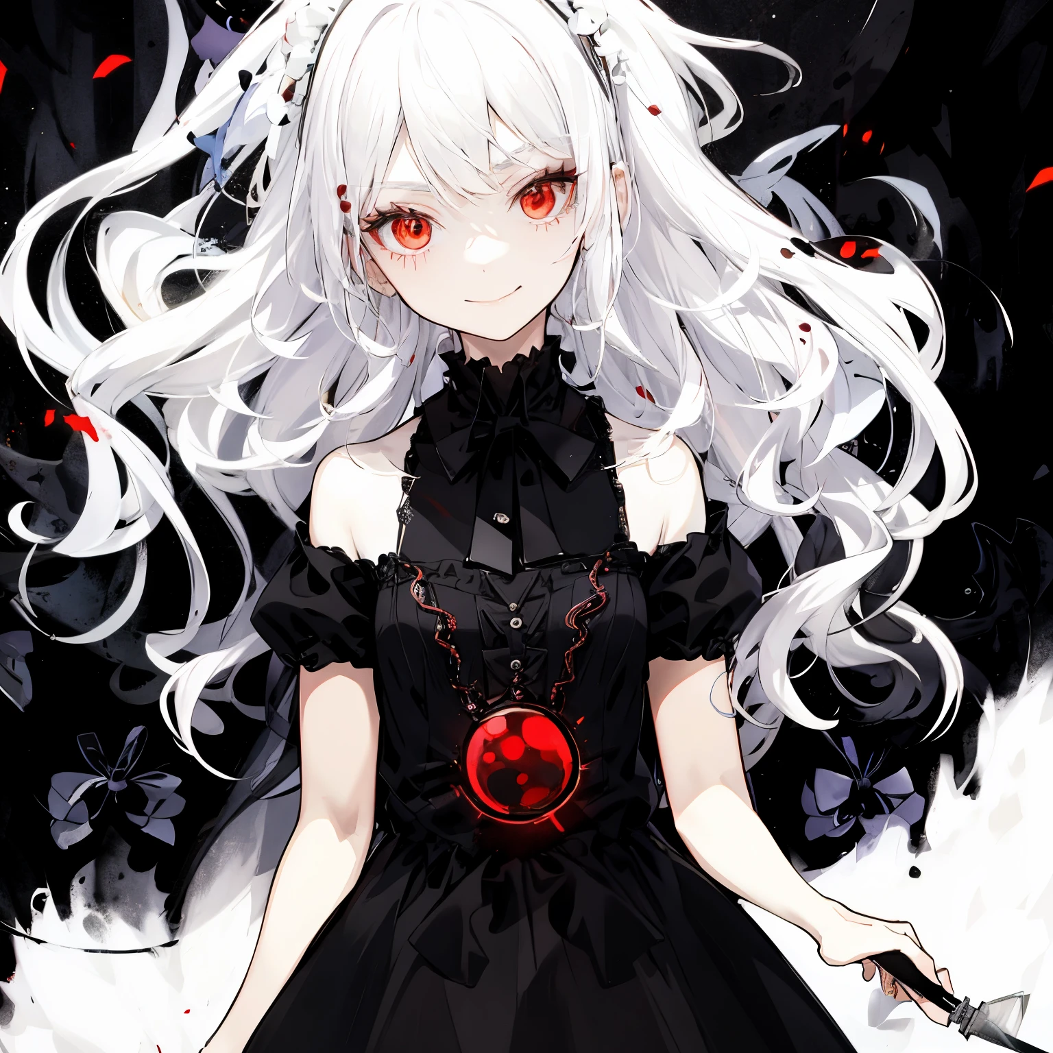 Anime女の子 with white hair and red eyes with a knife, ゴシックメイデンAnime, Devil Anime Girl, Gap Moe Yandere Grimdark, With eyes that glow red, Red eyes glow, White-haired God, An anime goth girl, Vampire Girl, (Anime), With red eyes, Anime wearing black dress, A flood of gray hair